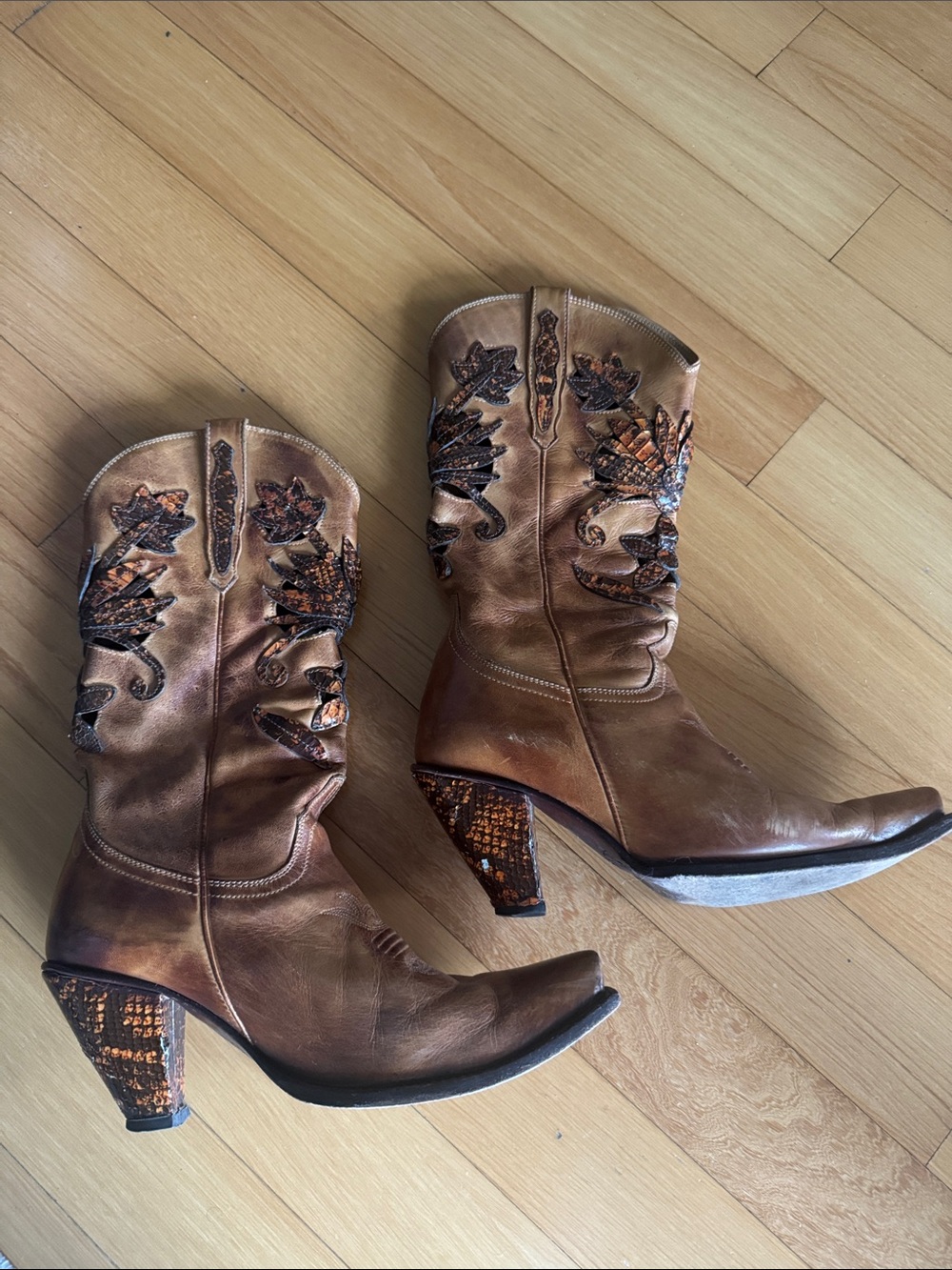 Lucchese Brown Embroidered Western Heeled Mid-Calf Boots